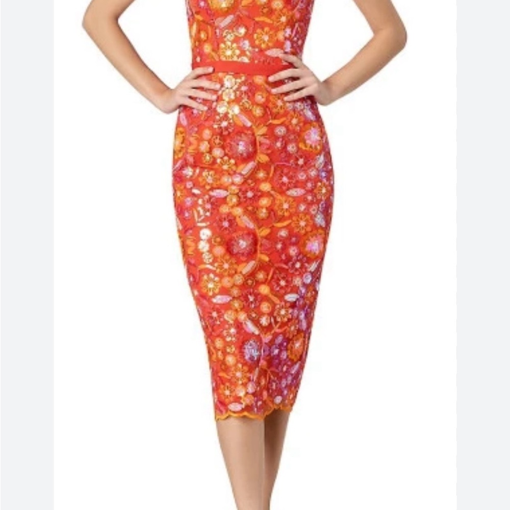 Dress the Population Orange Floral Midi Dress